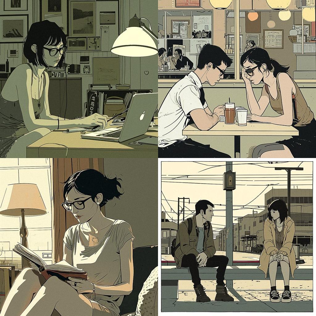 Adrian Tomine style, Midjourney V6, render 1 of 4