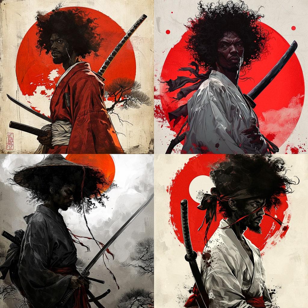 Afro Samurai style, Midjourney V6, render 1 of 4