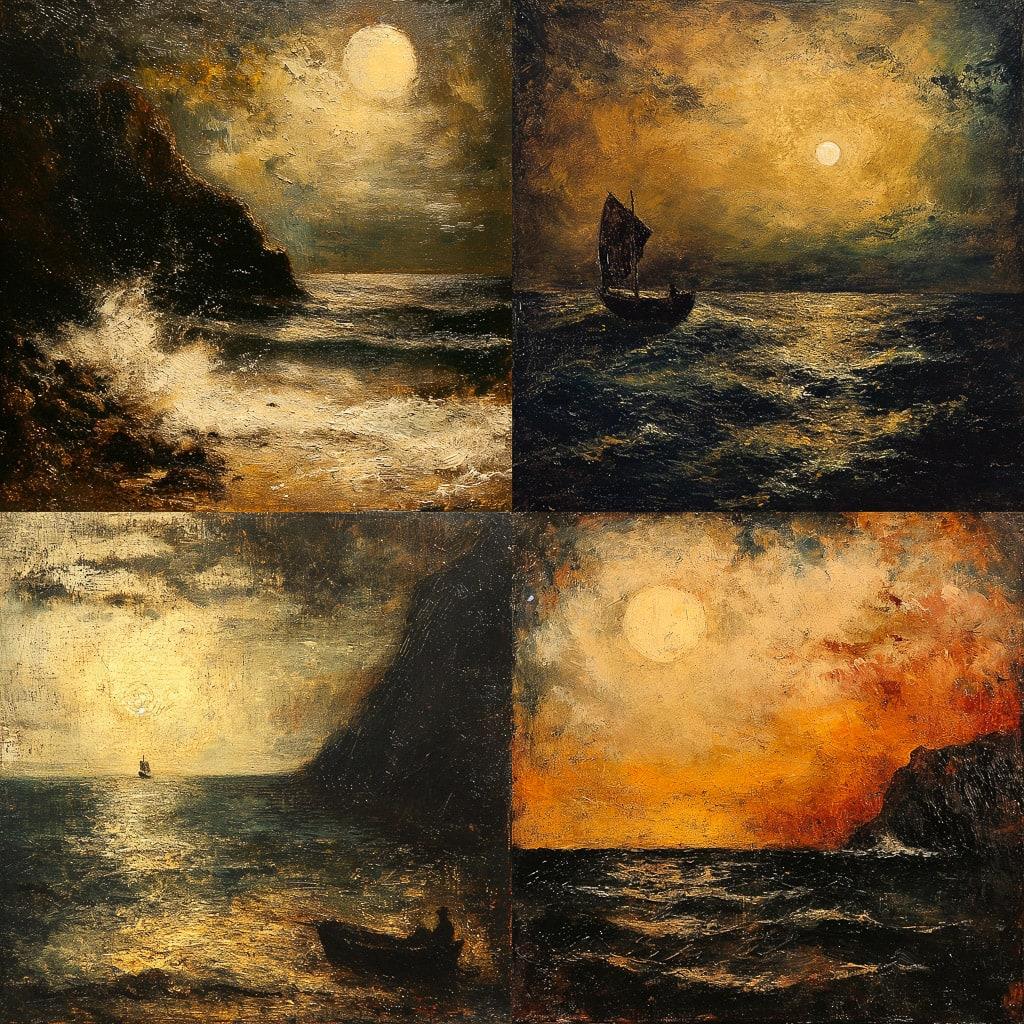 Albert Pinkham Ryder style, Midjourney V6, render 1 of 4
