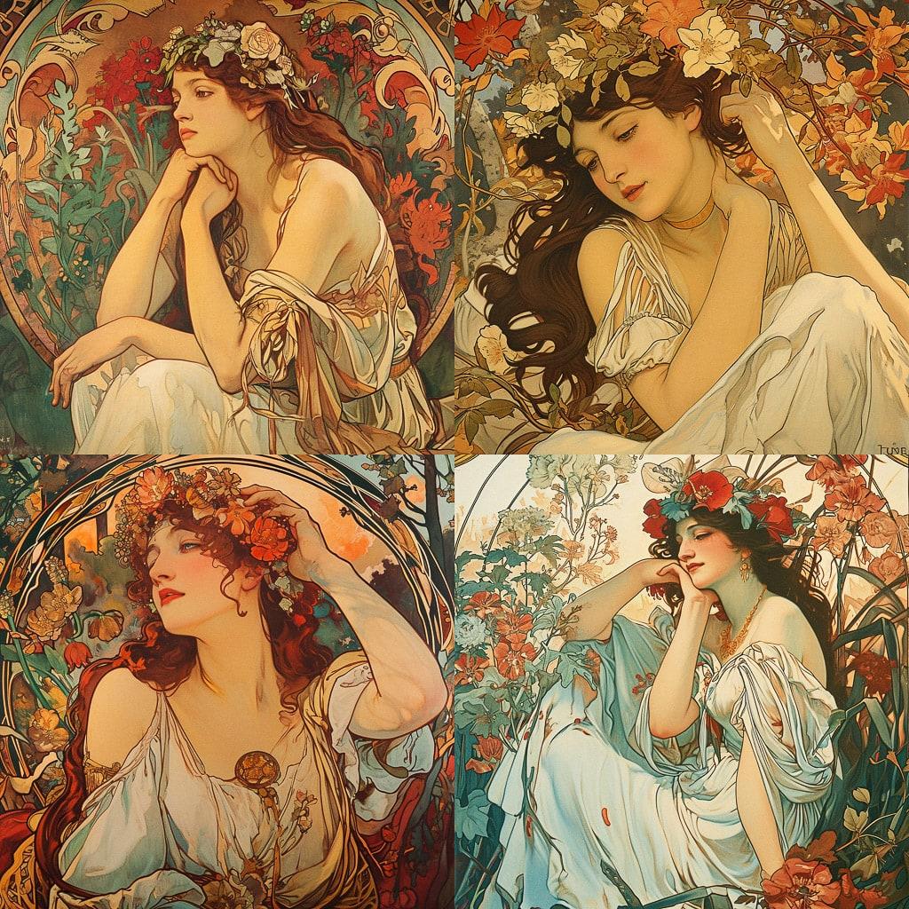 Alphonse Mucha style, Midjourney V6, render 1 of 4