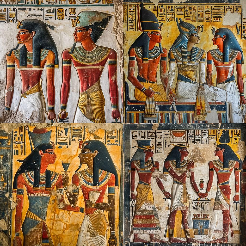 Ancient Egyptian mural style, Midjourney V6, render 1 of 4