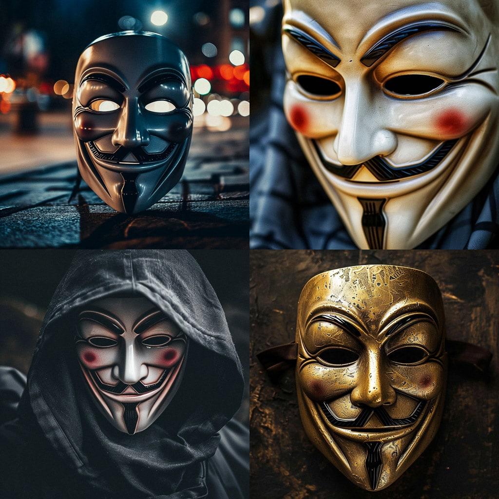 Anonymous mask style, Midjourney V6, render 1 of 4
