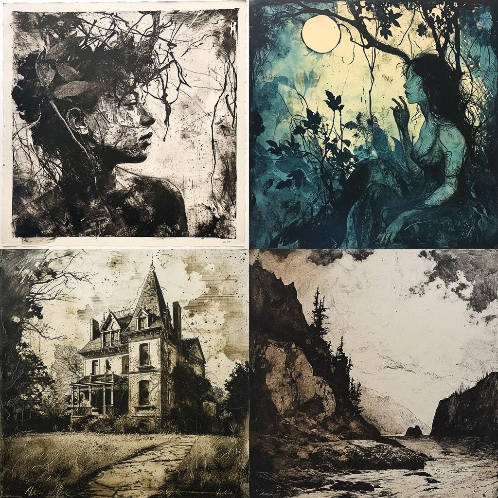 Aquatint print style, Midjourney V6, render 1 of 4