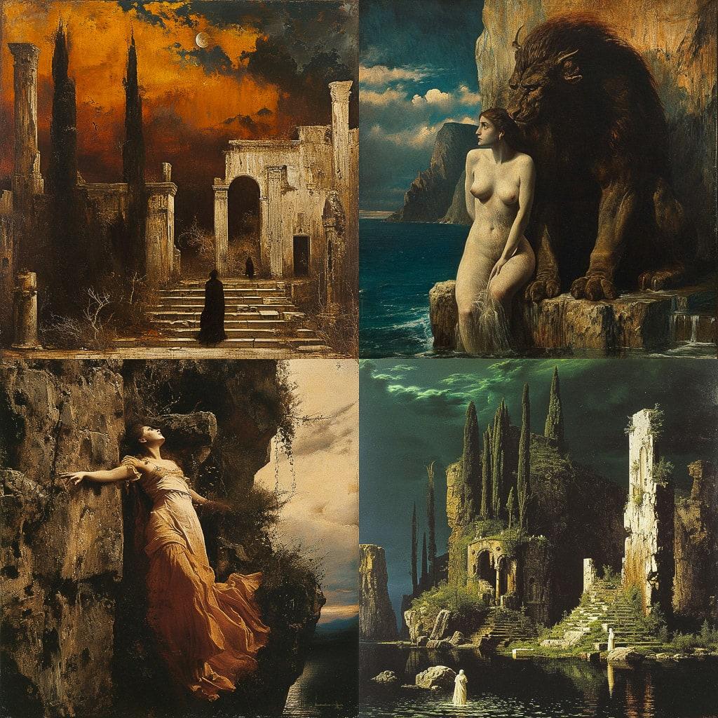 Arnold Bocklin style, Midjourney V6, render 1 of 4