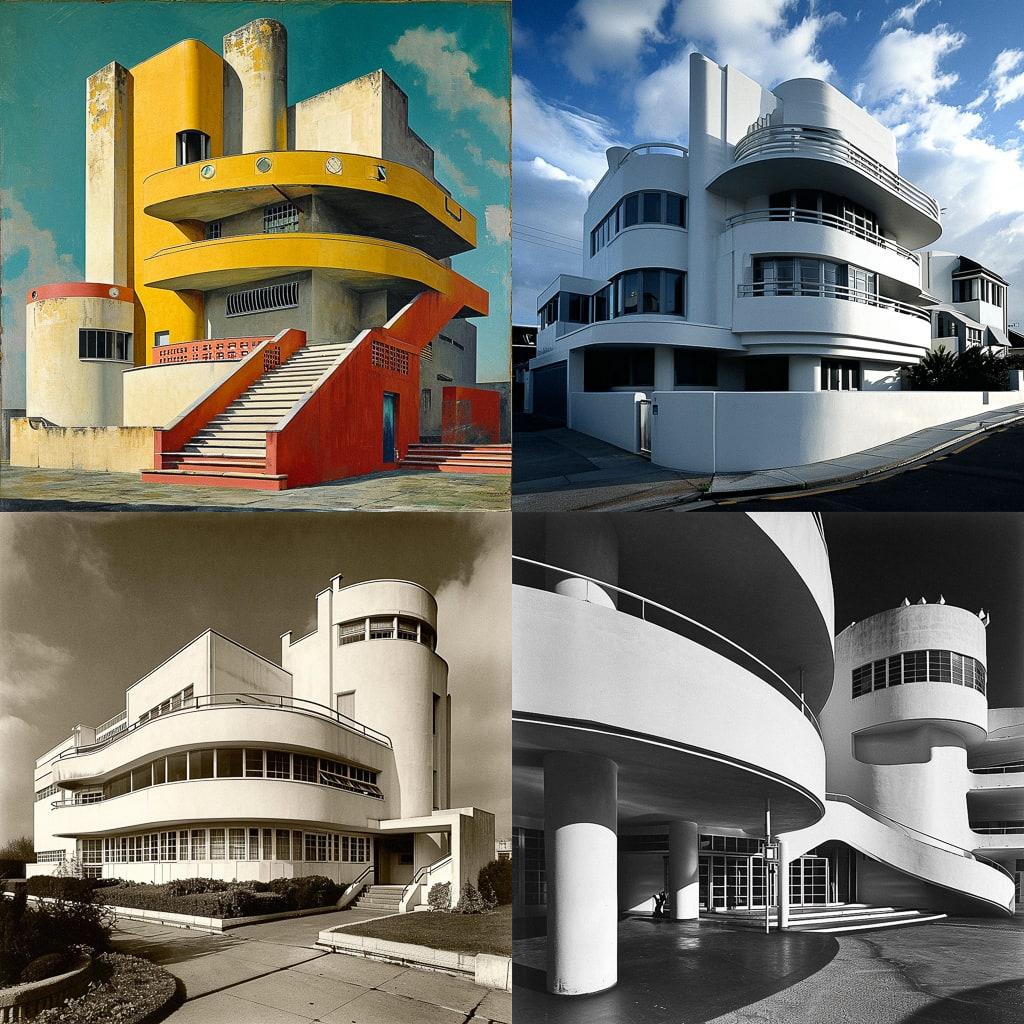 Art Moderne architecture style, Midjourney V6, render 1 of 4