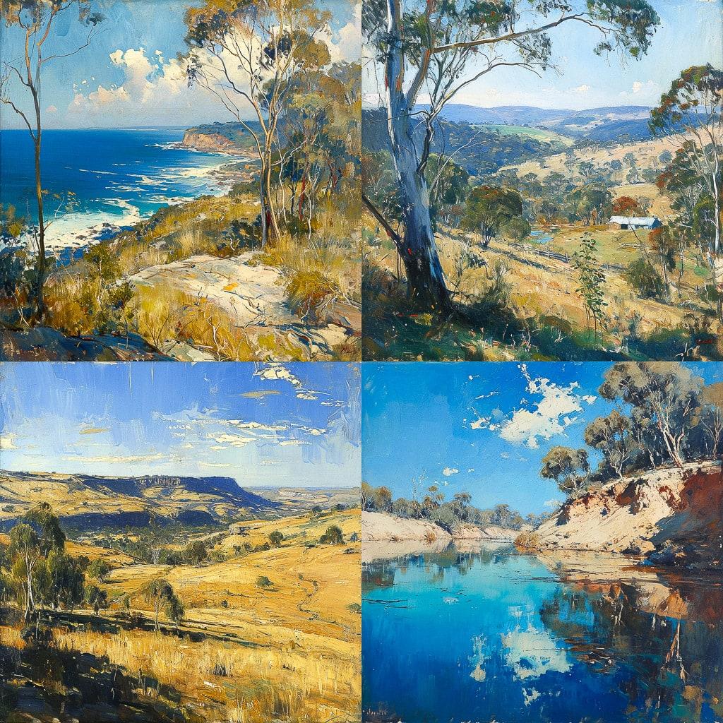 Arthur Streeton style, Midjourney V6, render 1 of 4