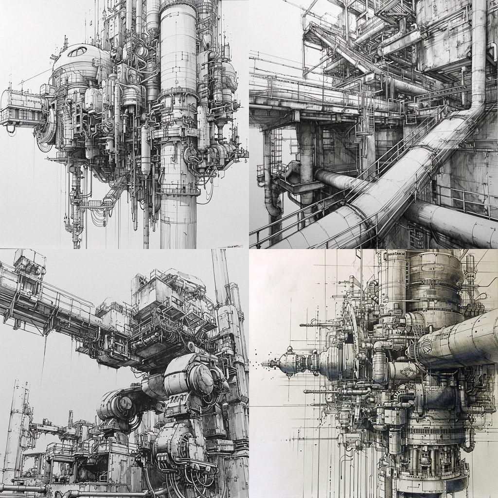 Assembly drawing style, Midjourney V6, render 1 of 4