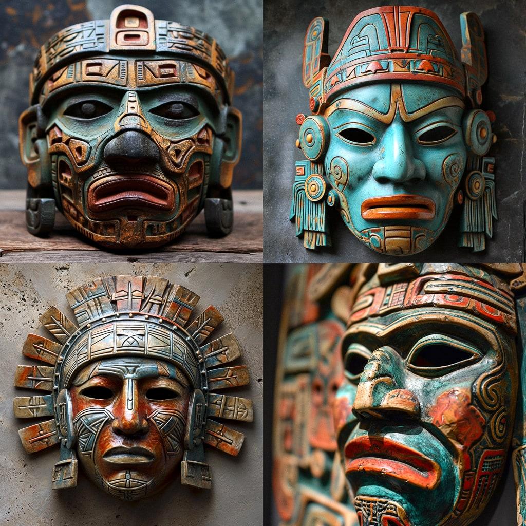 Aztec mask style, Midjourney V6, render 1 of 4