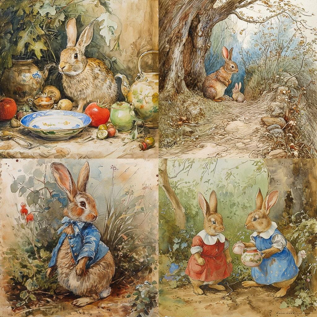 Beatrix Potter style, Midjourney V6, render 1 of 4