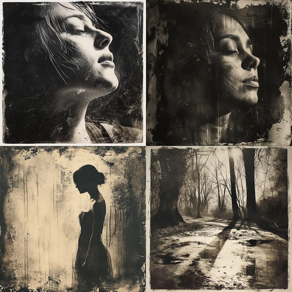 Bromoil print style, Midjourney V6, render 1 of 4