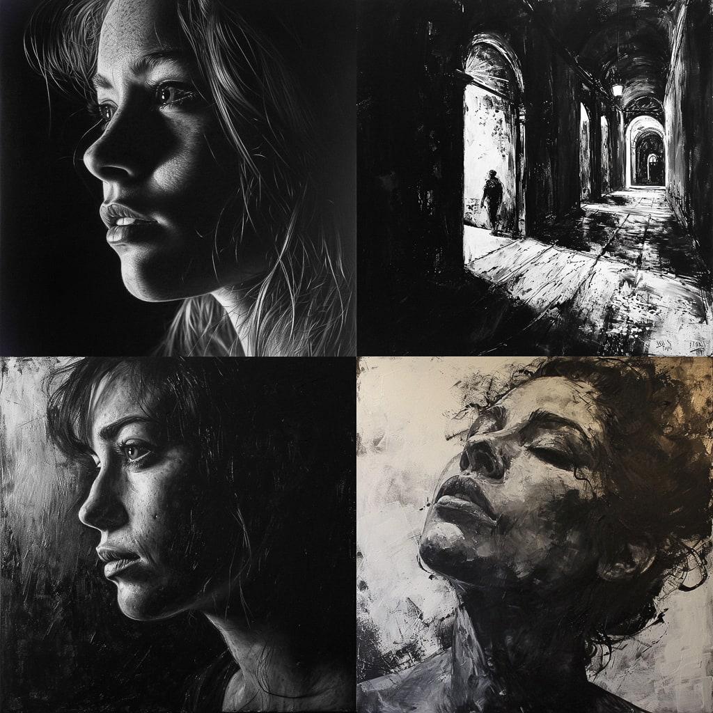 Chiaroscuro style, Midjourney V6, render 1 of 4
