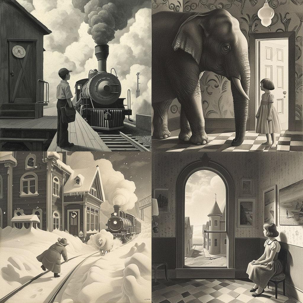 Chris Van Allsburg style, Midjourney V6, render 1 of 4