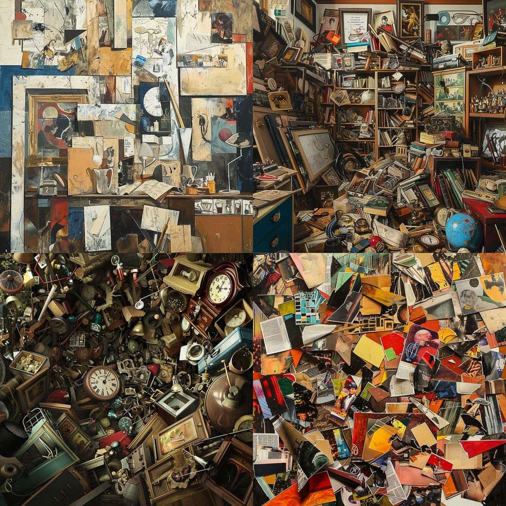 Cluttered composition style, Midjourney V6, render 1 of 4