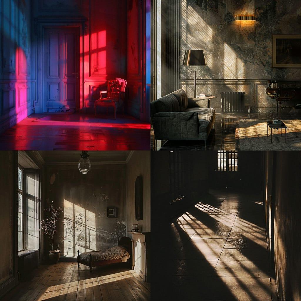 Contrasted lighting style, Midjourney V6, render 1 of 4
