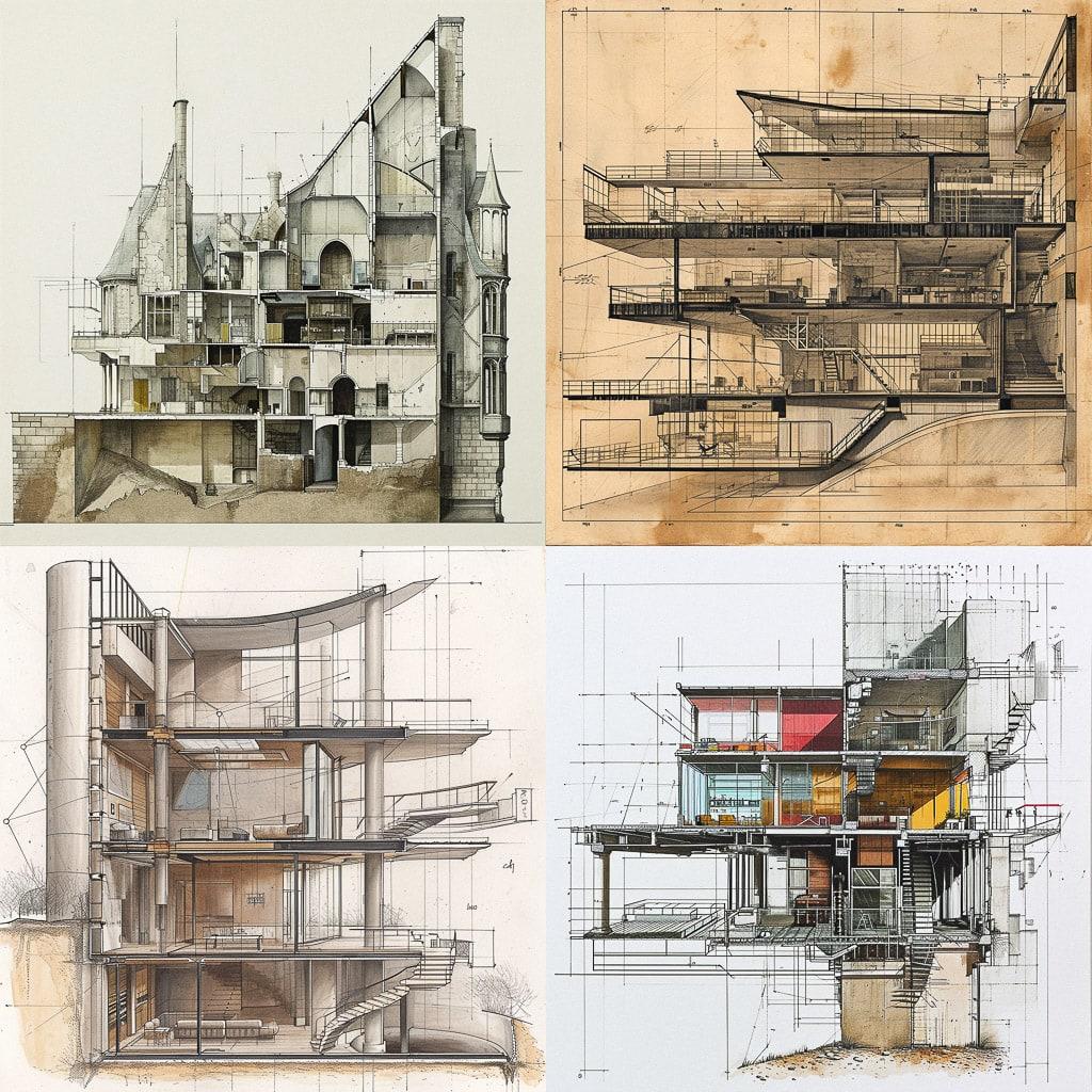 Cross-section plan style, Midjourney V6, render 1 of 4