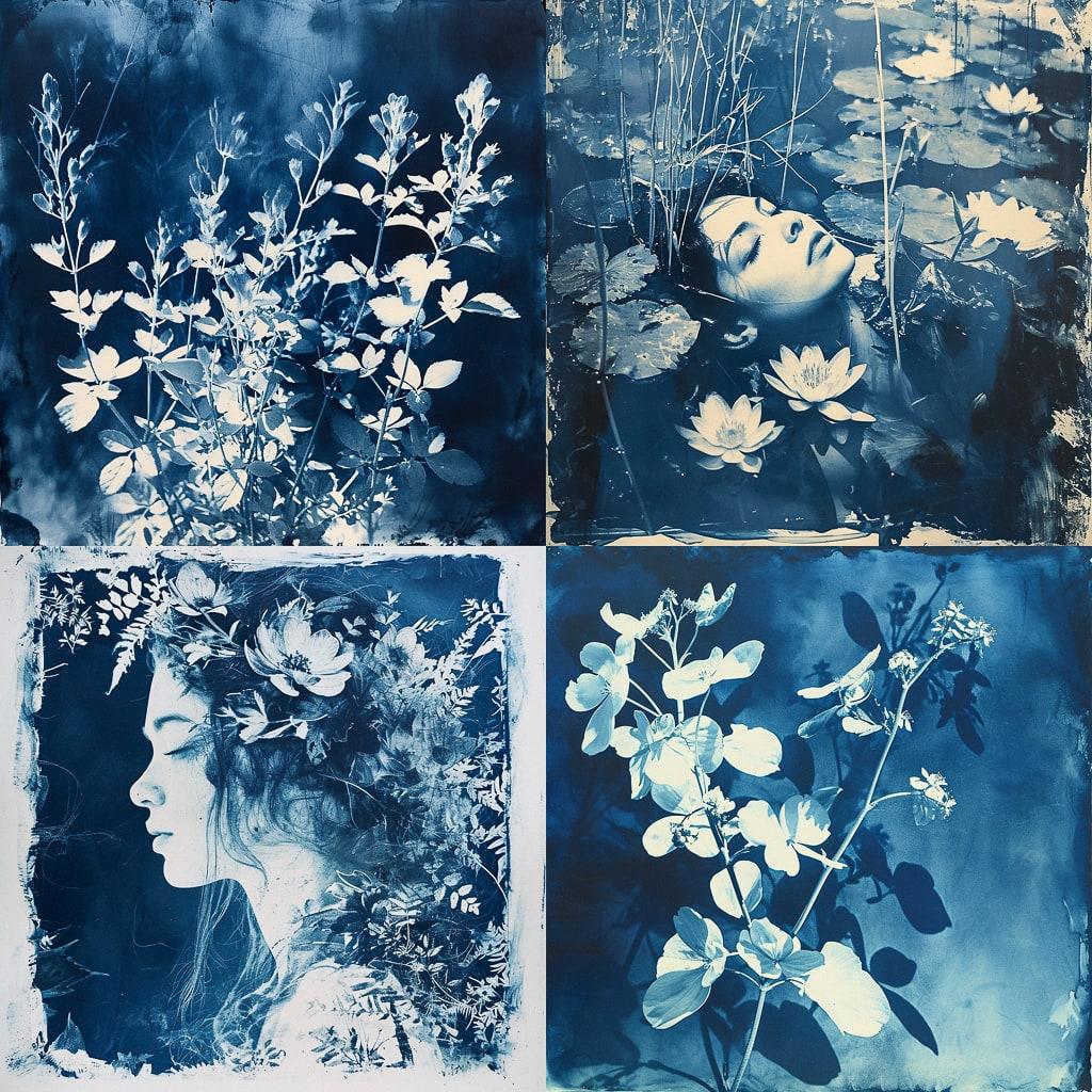 Cyanotype print style, Midjourney V6, render 1 of 4