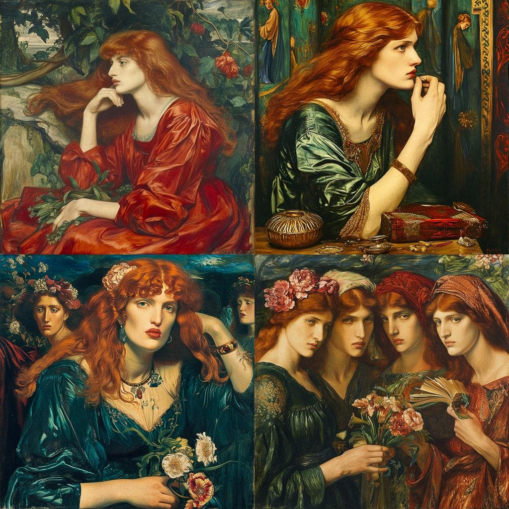 Dante Gabriel Rossetti style, Midjourney V6, render 1 of 4