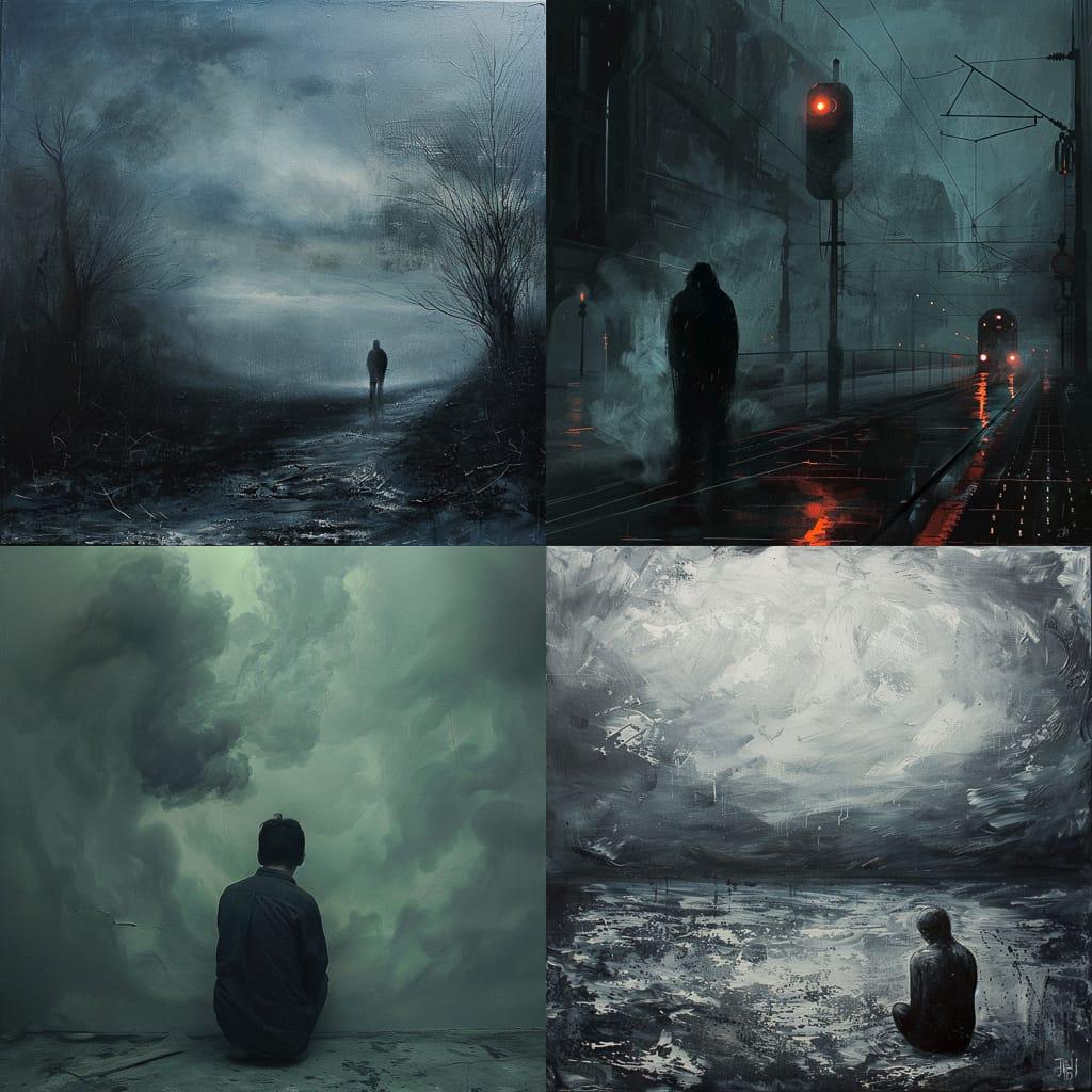 Depressed atmosphere style, Midjourney V6, render 1 of 4