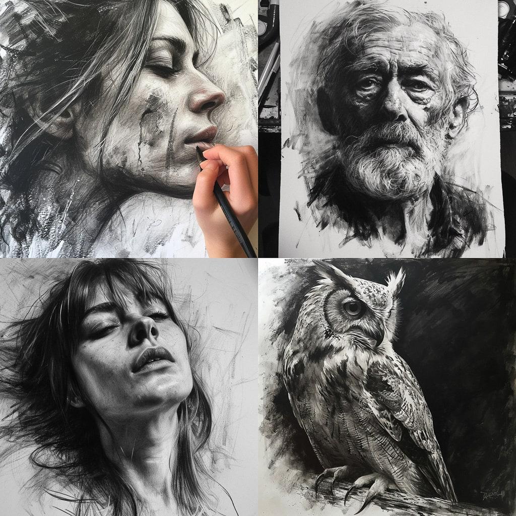 Dry brush drawing style, Midjourney V6, render 1 of 4