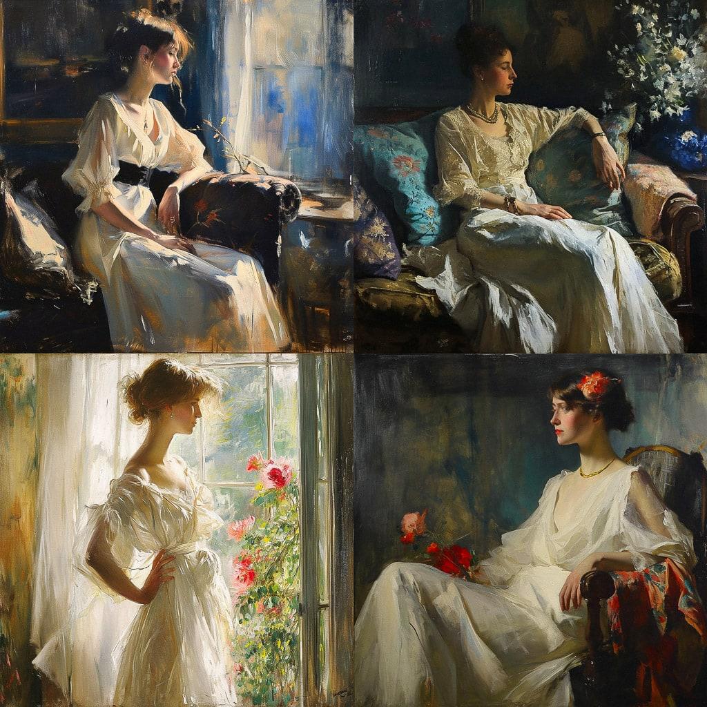 Edmund Tarbell style, Midjourney V6, render 1 of 4