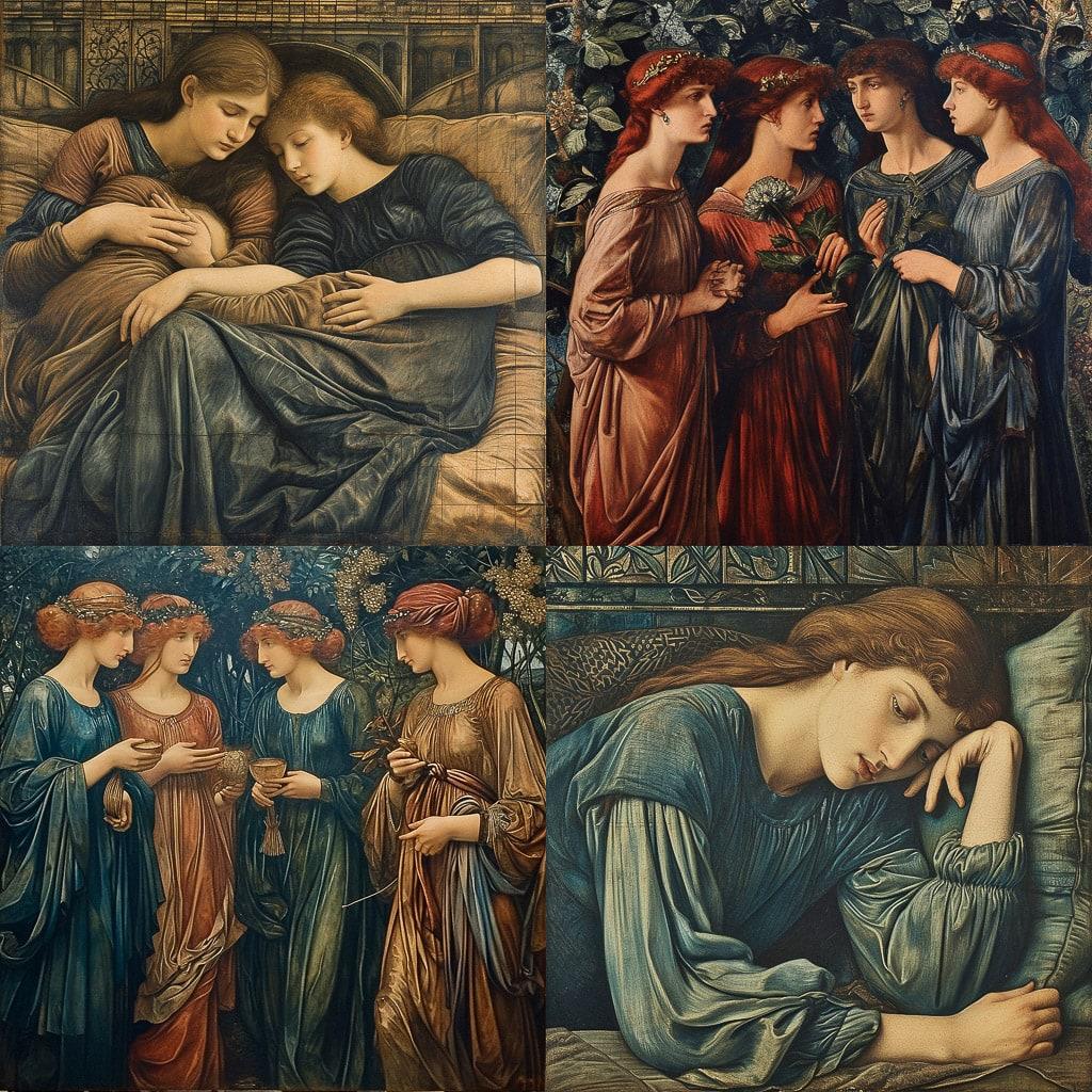 Edward Burne-Jones style, Midjourney V6, render 1 of 4