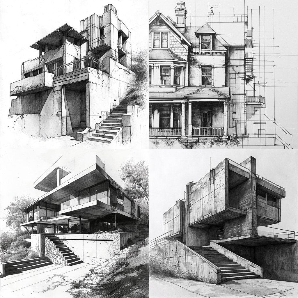 Elevation drawing style, Midjourney V6, render 1 of 4