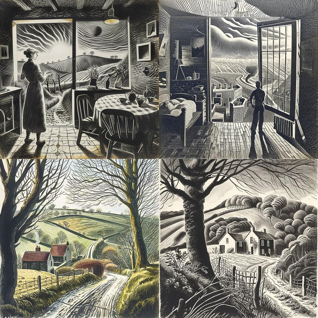 Eric Ravilious style, Midjourney V6, render 1 of 4
