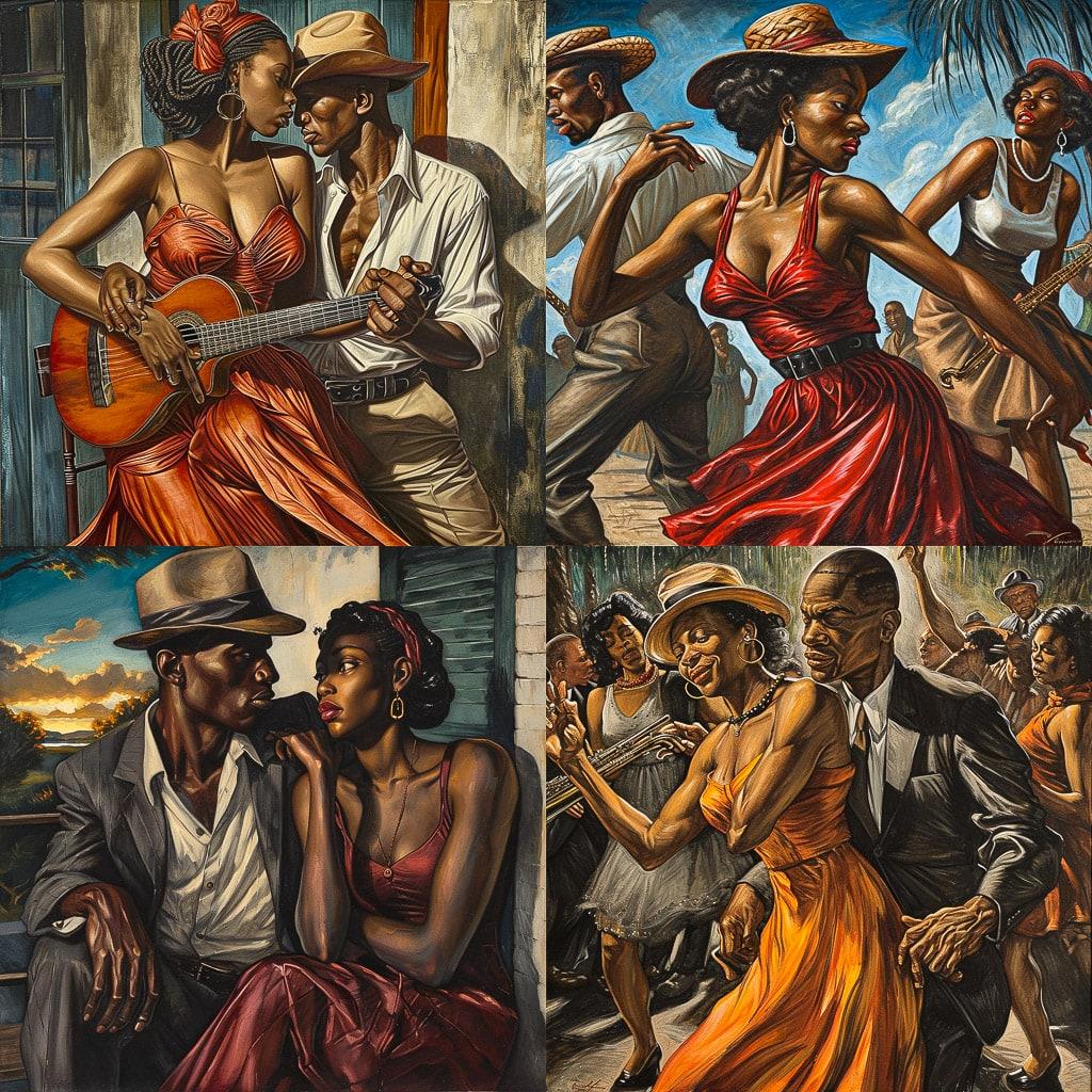 Ernie Barnes style, Midjourney V6, render 1 of 4
