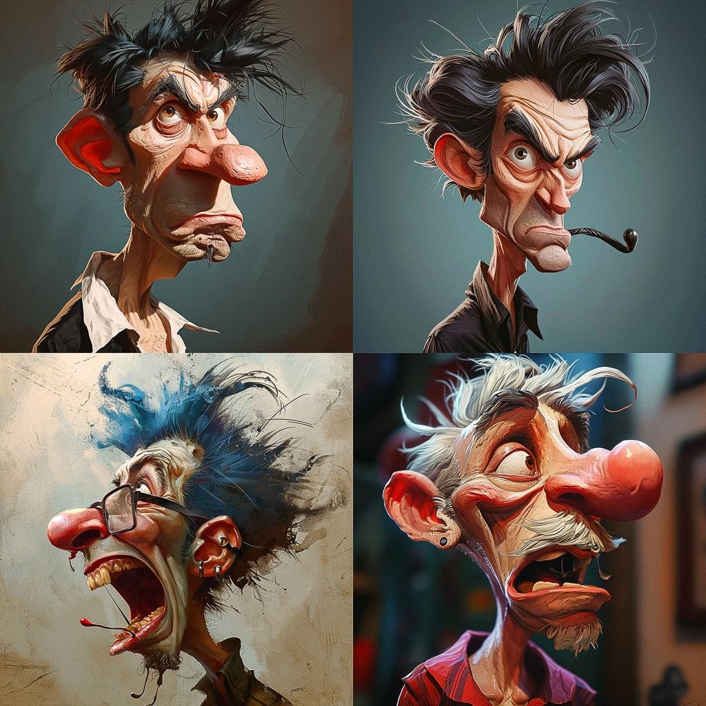Extreme caricature style, Midjourney V6, render 1 of 4