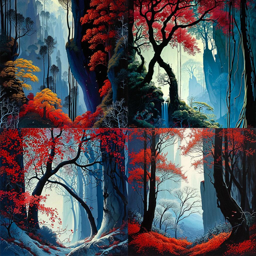 Eyvind Earle style, Midjourney V6, render 1 of 4
