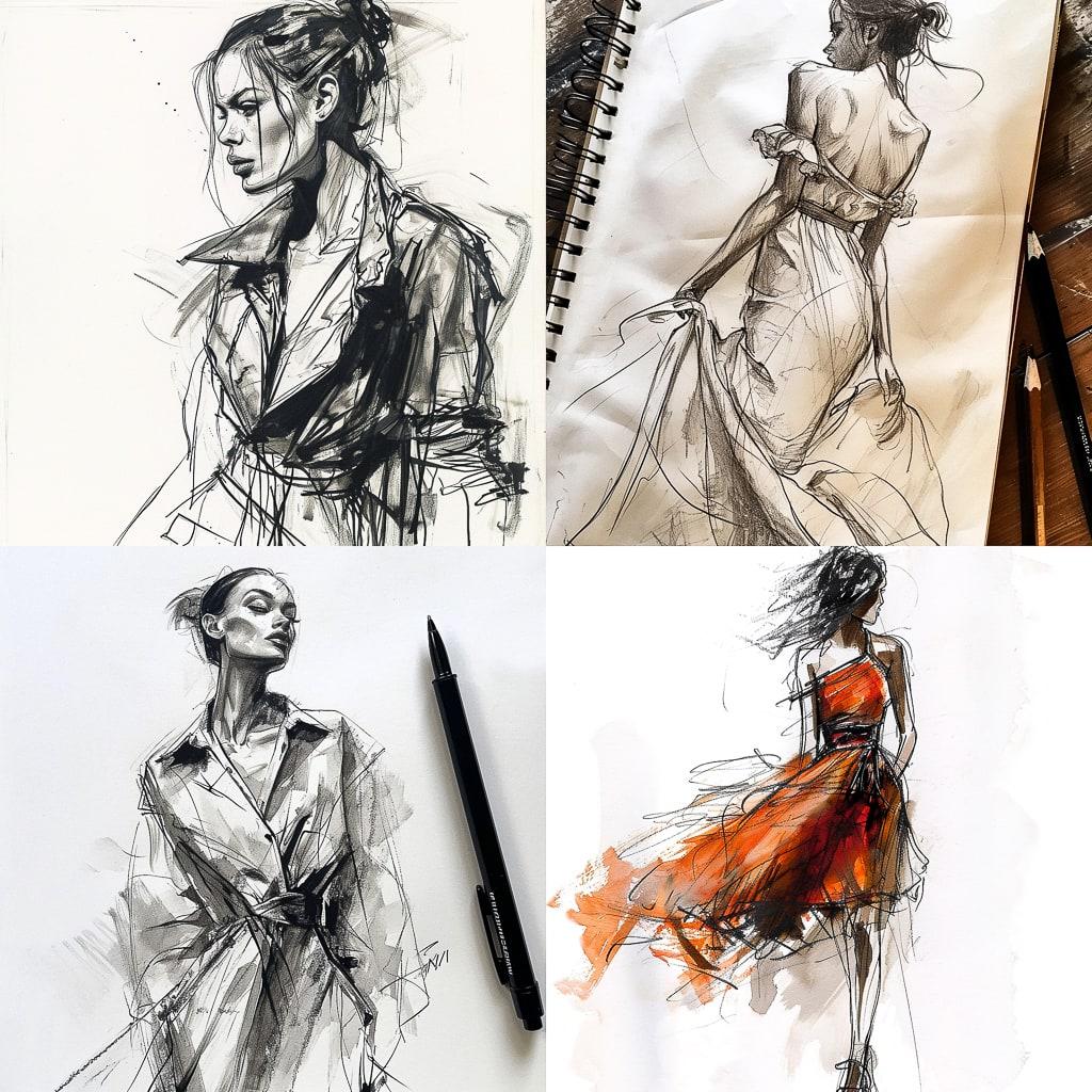 Fashion sketch style, Midjourney V6, render 1 of 4