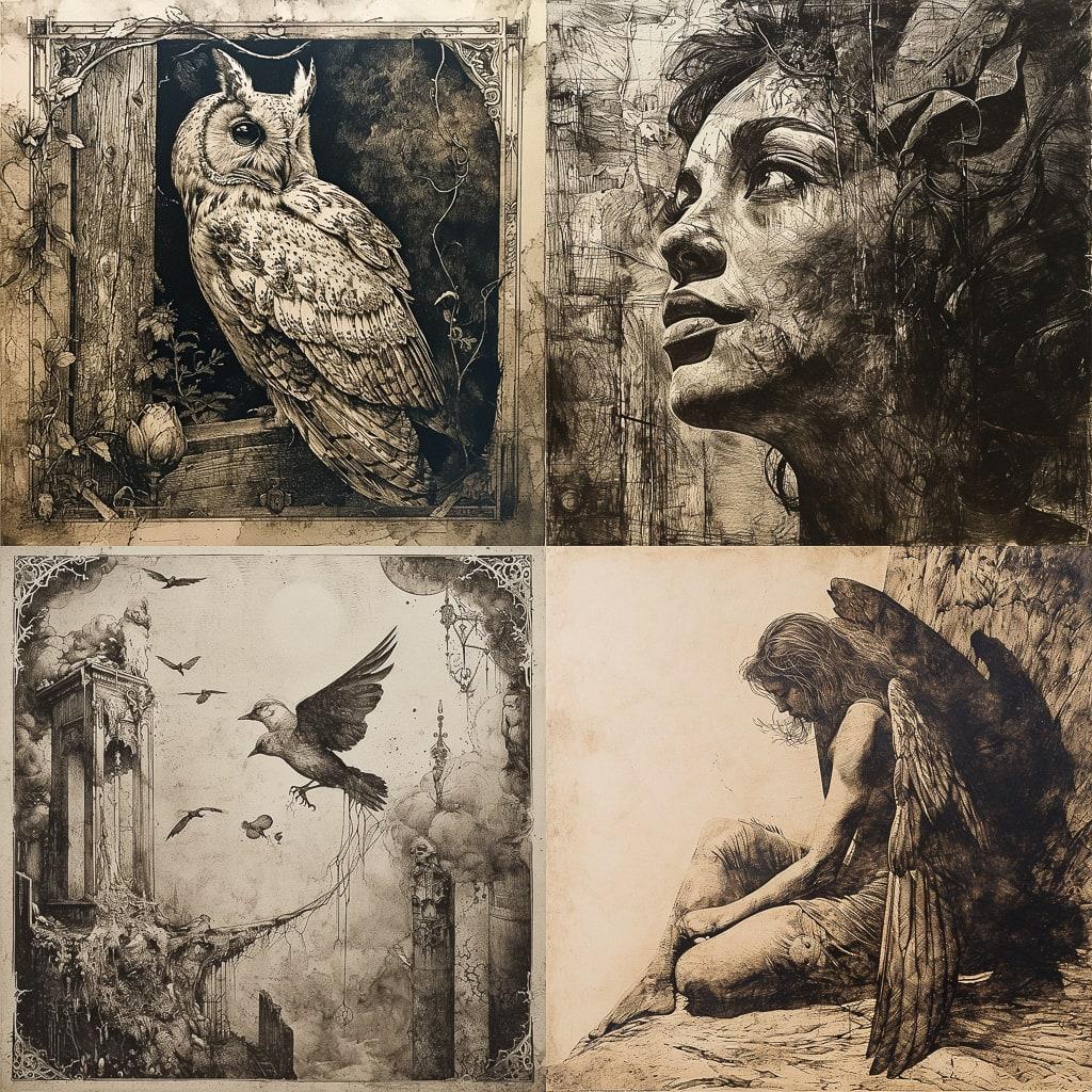 Fine art etching style, Midjourney V6, render 1 of 4