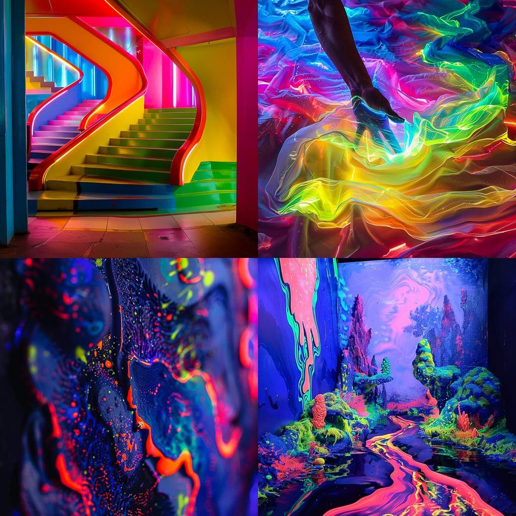 Fluorescent colors style, Midjourney V6, render 1 of 4
