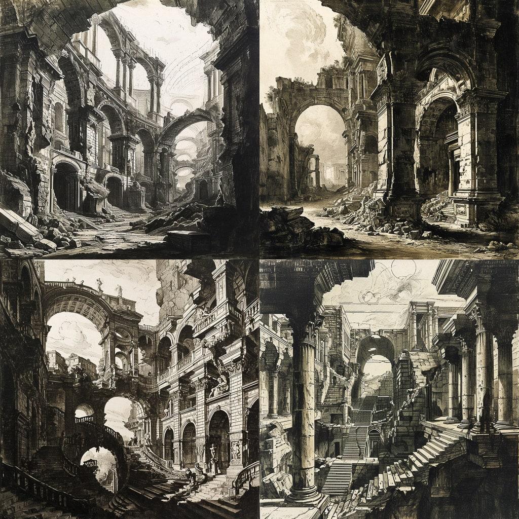 Giovanni Battista Piranesi style, Midjourney V6, render 1 of 4
