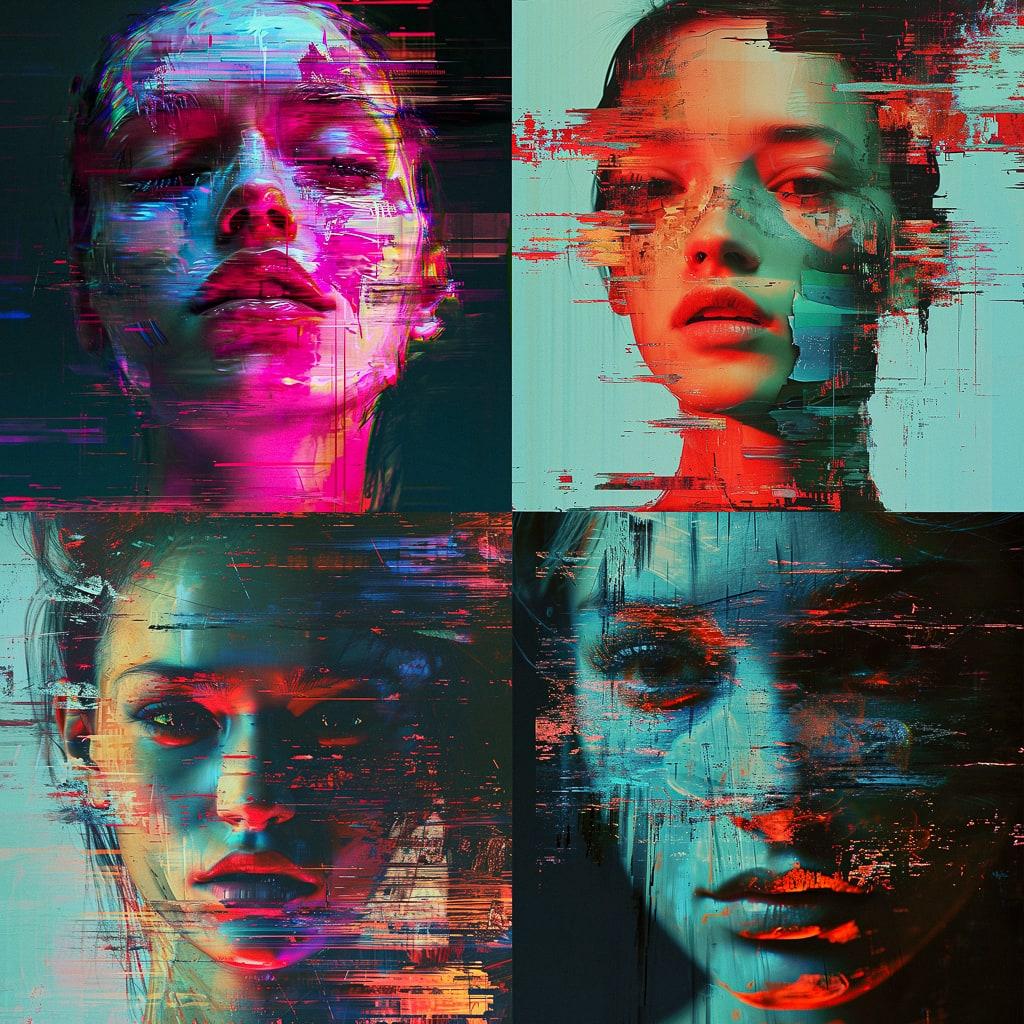 Glitch art style, Midjourney V6, render 1 of 4