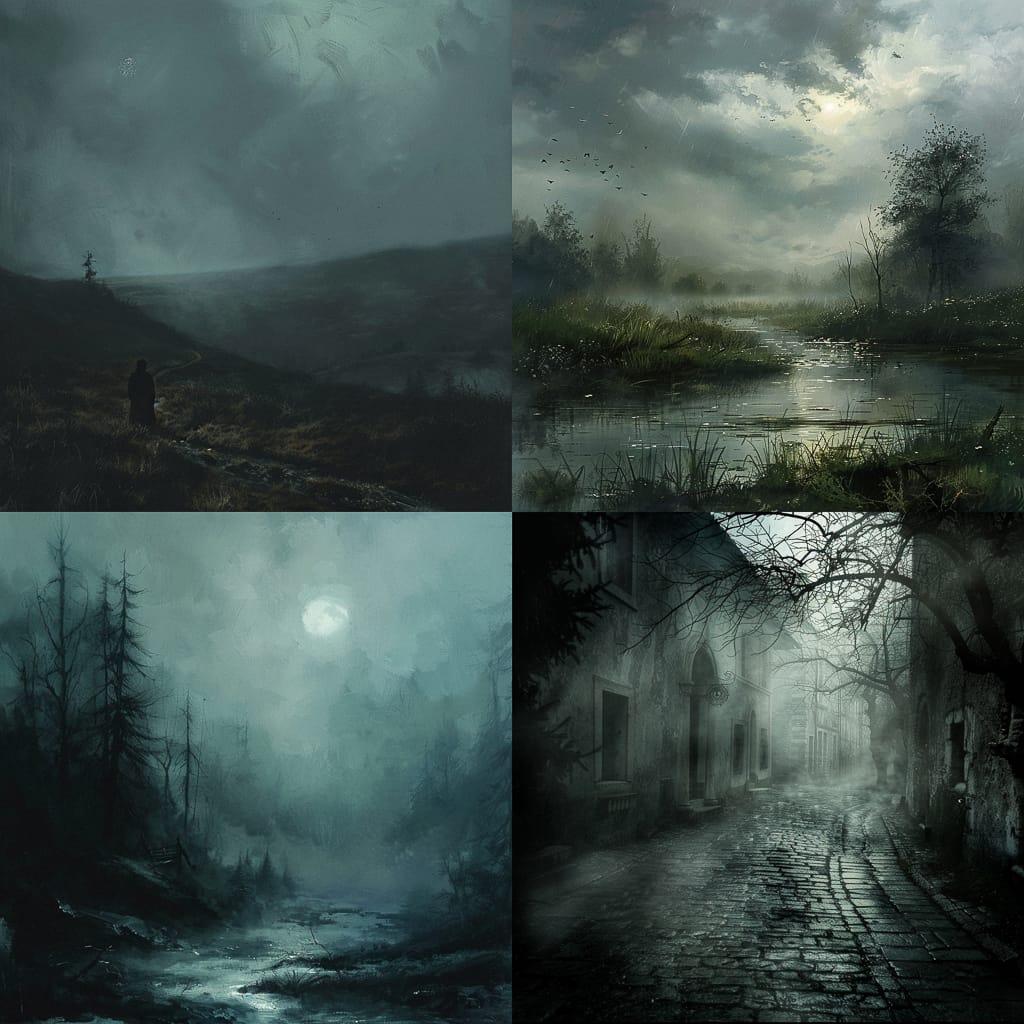 Gloomy atmosphere style, Midjourney V6, render 1 of 4
