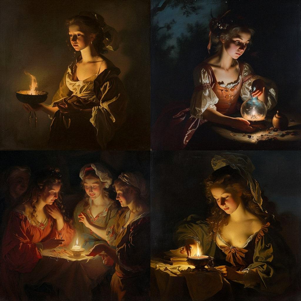 Godfried Schalcken style, Midjourney V6, render 1 of 4