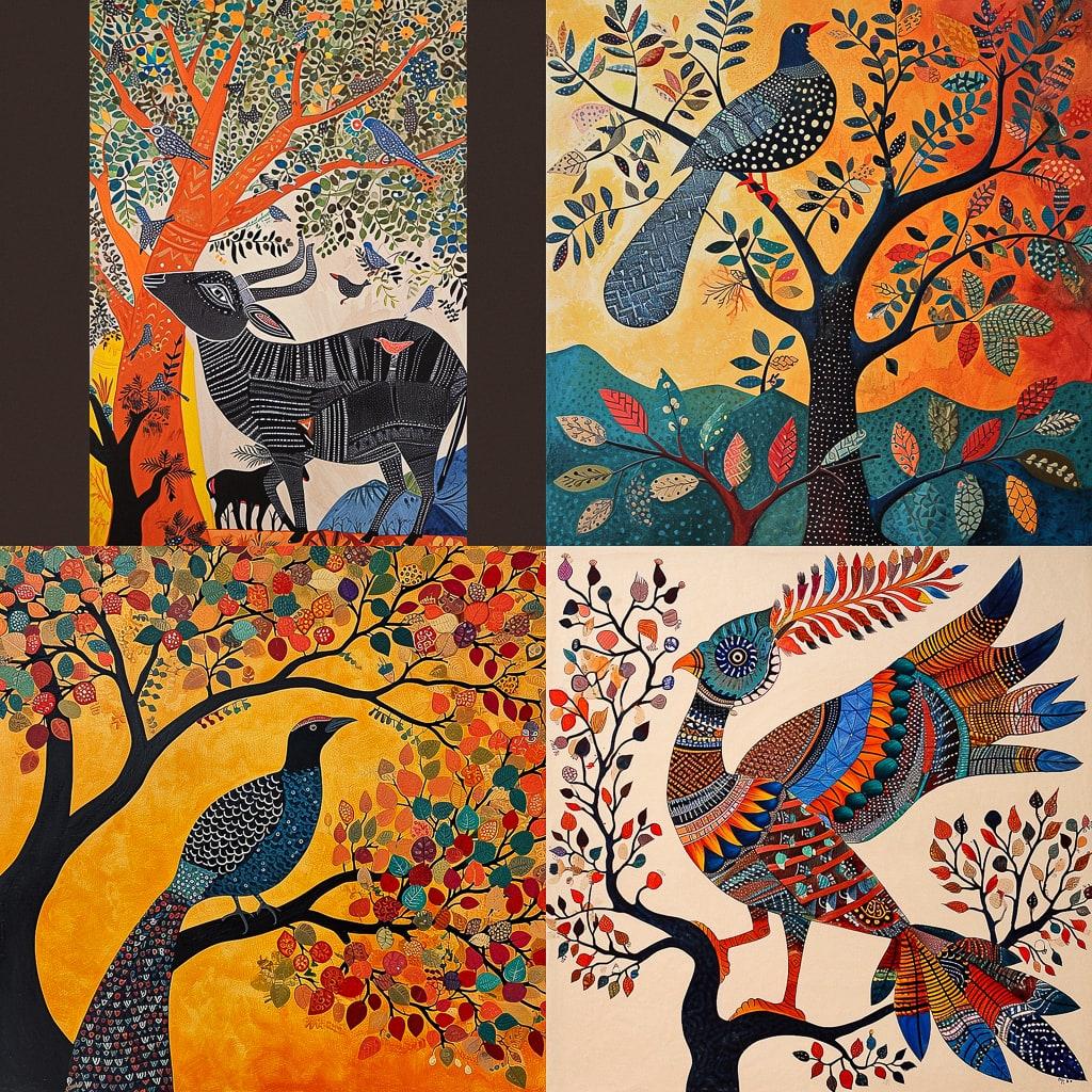 Gond painting style, Midjourney V6, render 1 of 4