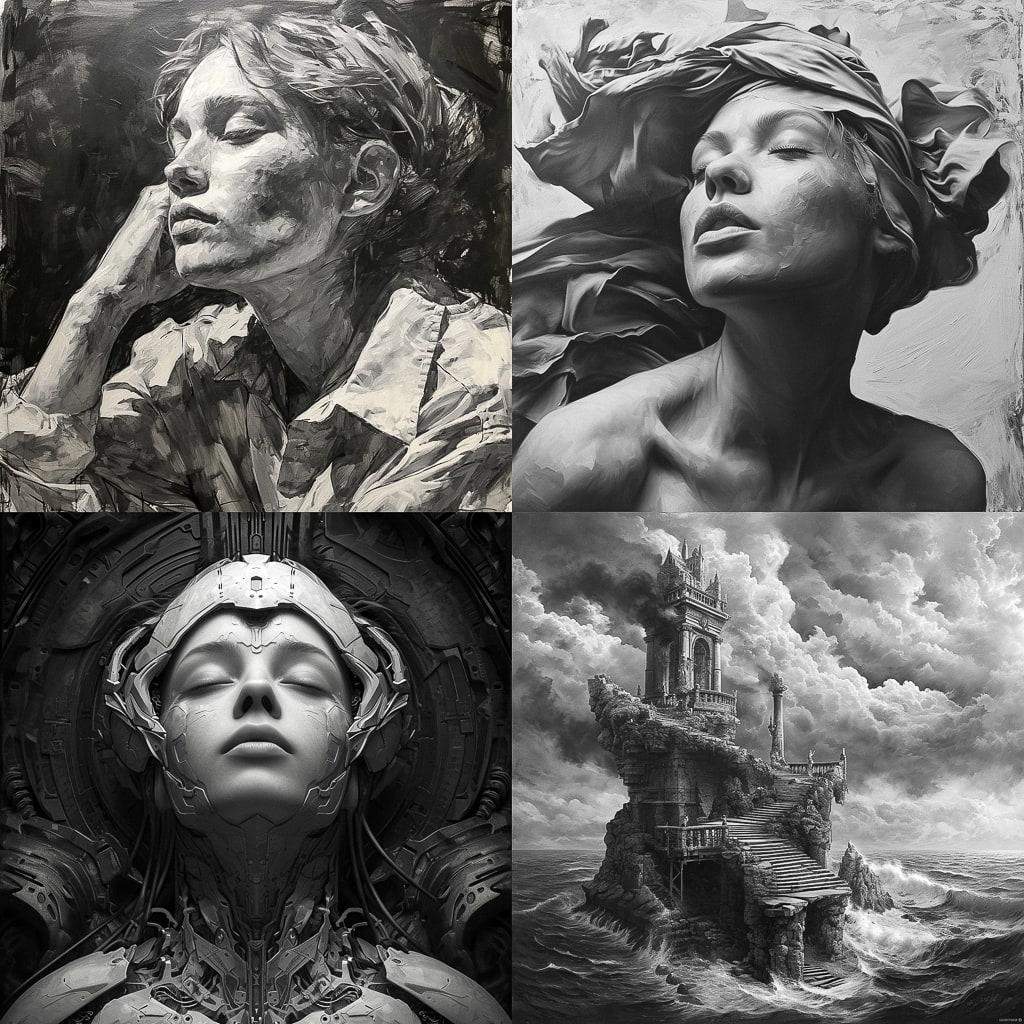 Grayscale style, Midjourney V6, render 1 of 4