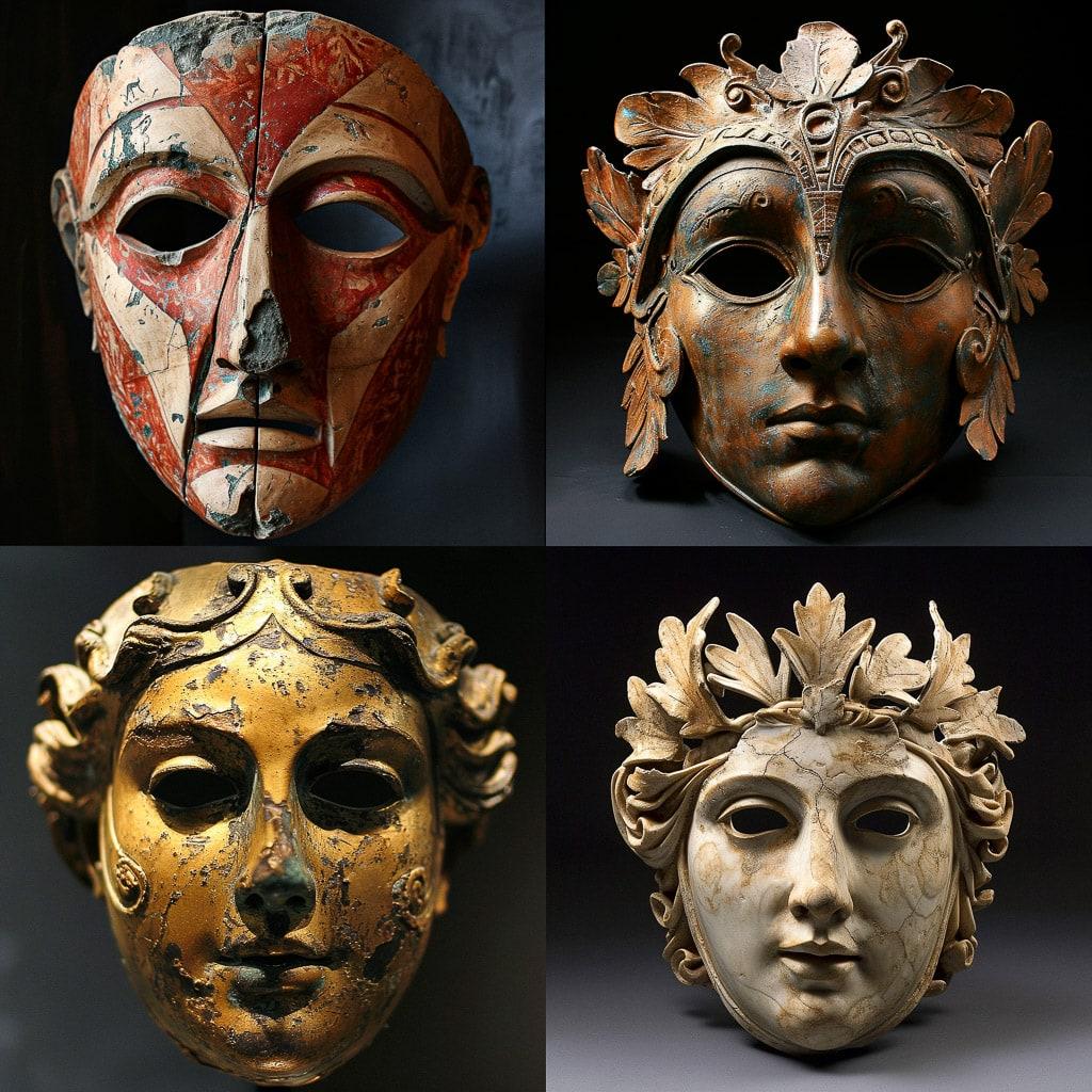 Greek Theatre mask style, Midjourney V6, render 1 of 4