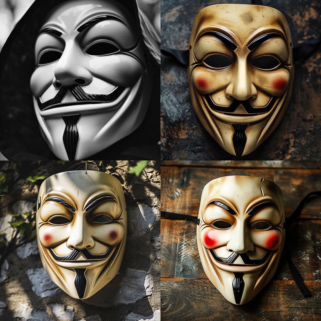 Guy Fawkes mask style, Midjourney V6, render 1 of 4
