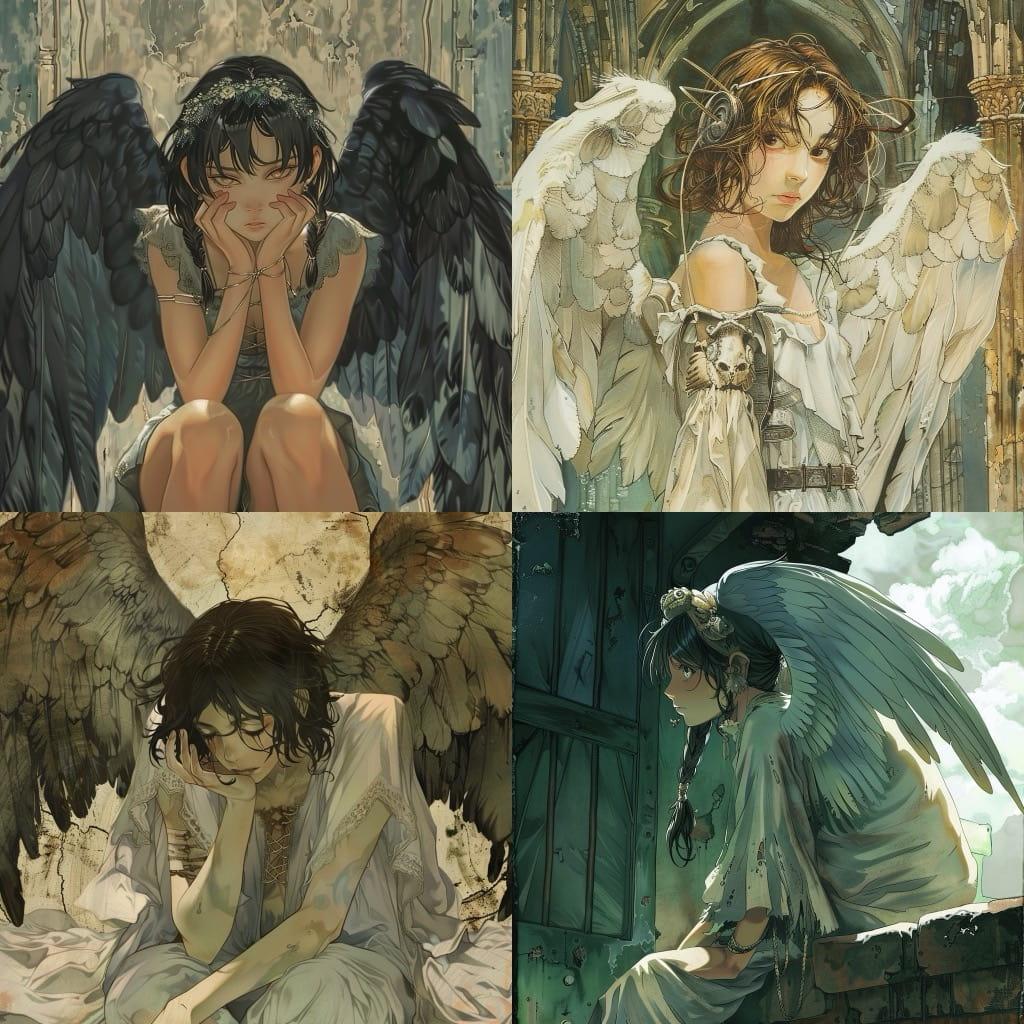 Haibane Renmei style, Midjourney V6, render 1 of 4