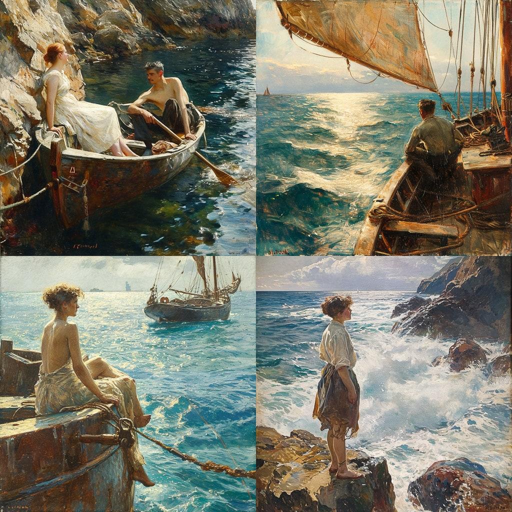 Henry Scott Tuke style, Midjourney V6, render 1 of 4