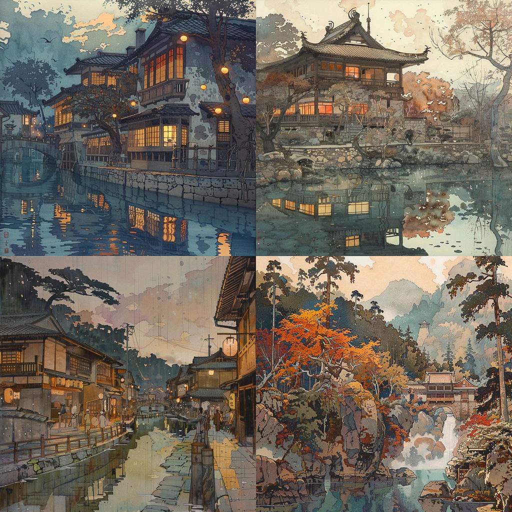 Hiroshi Yoshida style, Midjourney V6, render 1 of 4