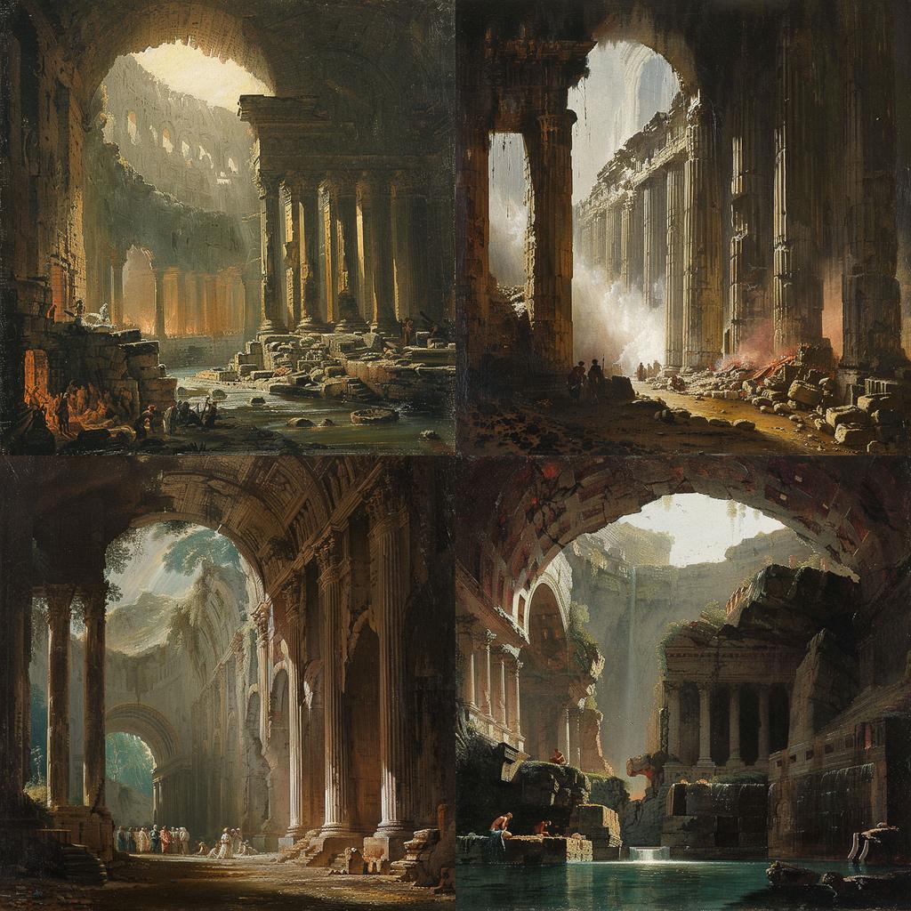 Hubert Robert style, Midjourney V6, render 1 of 4