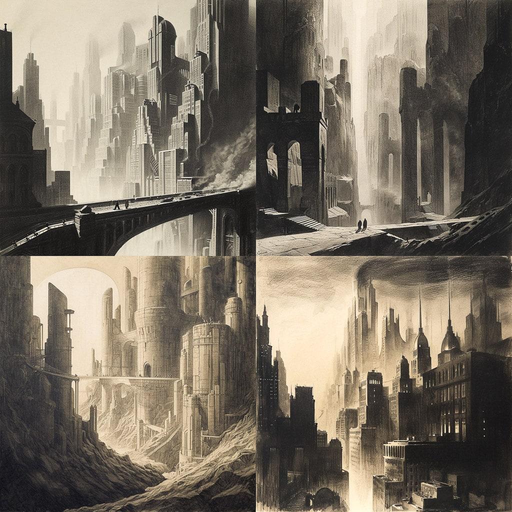 Hugh Ferriss style, Midjourney V6, render 1 of 4