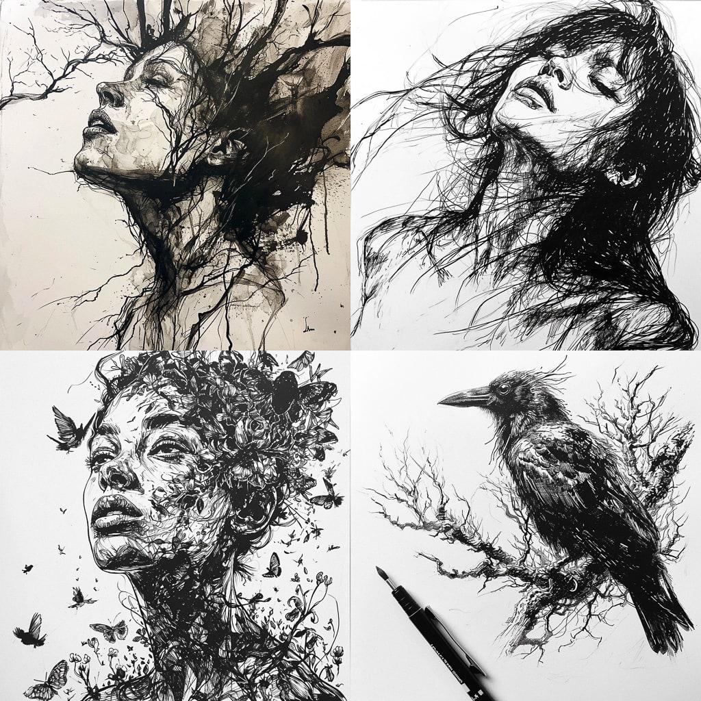 Ink drawing style, Midjourney V6, render 1 of 4