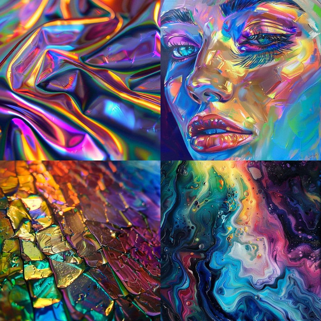 Iridescent colors style, Midjourney V6, render 1 of 4