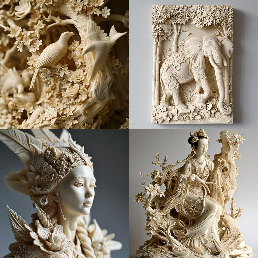 Ivory carving style, Midjourney V6, render 1 of 4