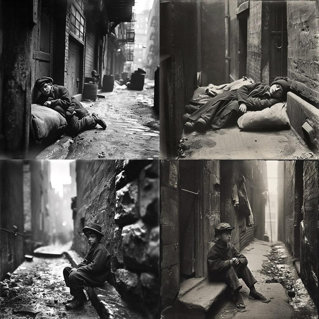 Jacob Riis style, Midjourney V6, render 1 of 4